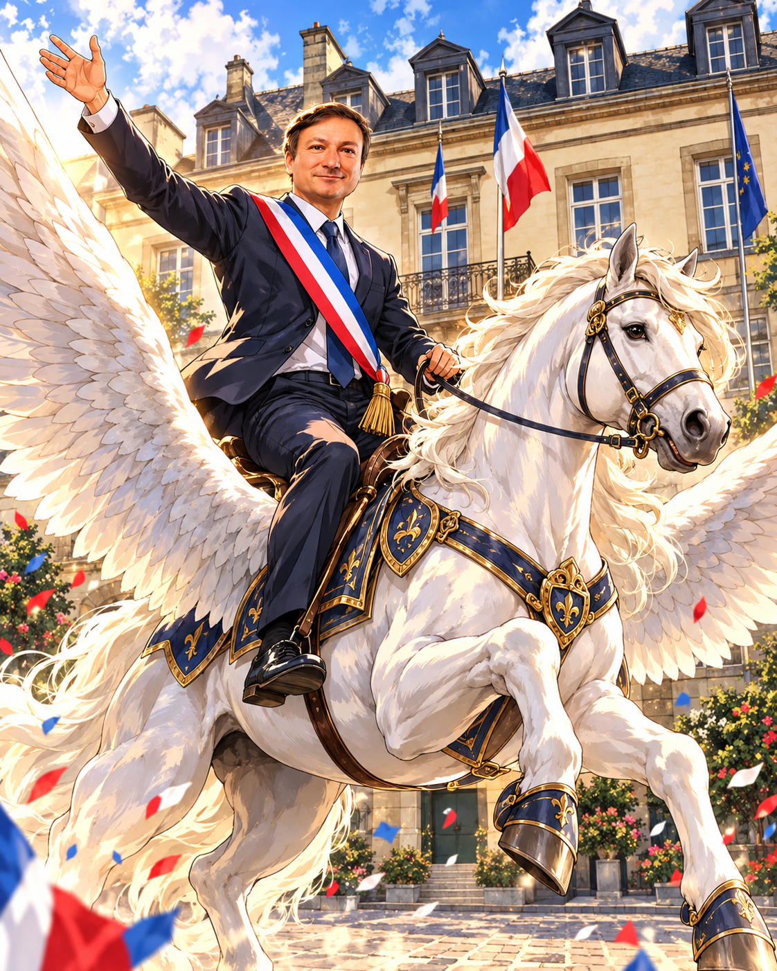 Illustration fantaisiste façon manga représentant le maire sur un cheval ailé devant une mairie